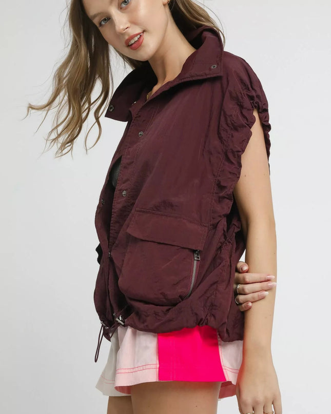 Umgee Drawstring Hem Nylon Vest with Pockets - Sleekdenim.com