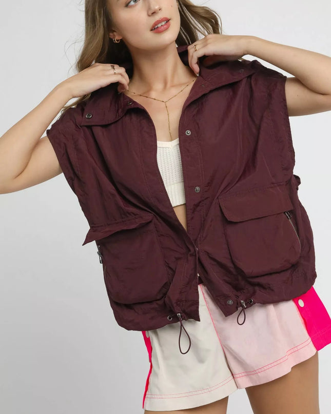 Umgee Drawstring Hem Nylon Vest with Pockets - Sleekdenim.com