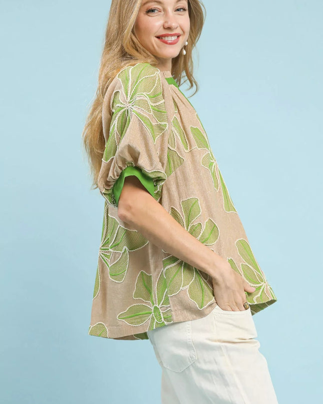 Umgee Embroidered V - Neck Short Sleeve Top - Sleekdenim.com