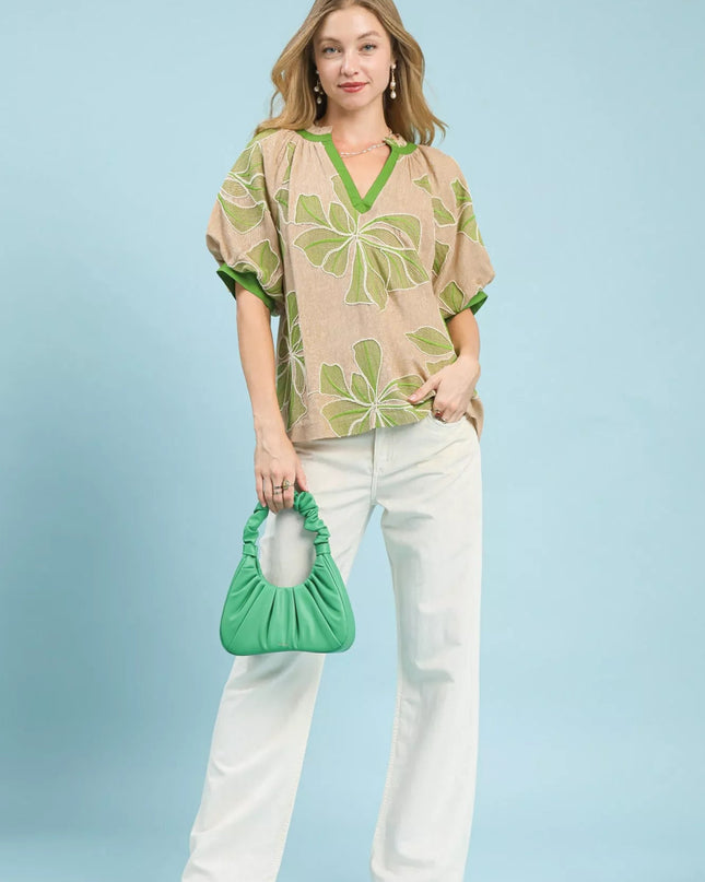 Umgee Embroidered V - Neck Short Sleeve Top - Sleekdenim.com