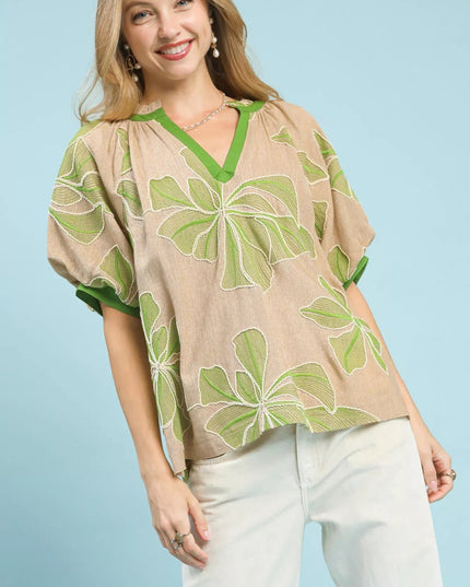 Umgee Embroidered V - Neck Short Sleeve Top - Sleekdenim.com