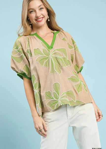 Umgee Embroidered V - Neck Short Sleeve Top - Sleekdenim.com