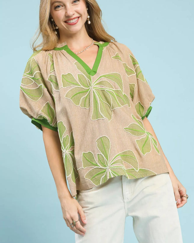 Umgee Embroidered V - Neck Short Sleeve Top - Sleekdenim.com