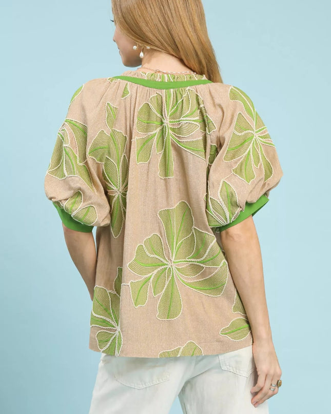 Umgee Embroidered V - Neck Short Sleeve Top - Sleekdenim.com