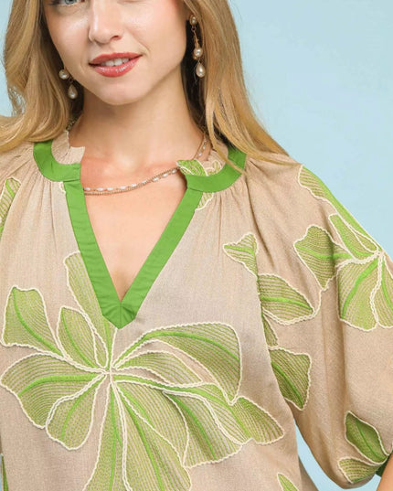 Umgee Embroidered V - Neck Short Sleeve Top - Sleekdenim.com