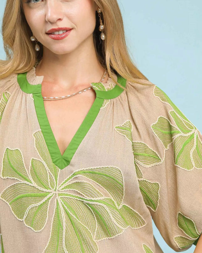 Umgee Embroidered V - Neck Short Sleeve Top - Sleekdenim.com