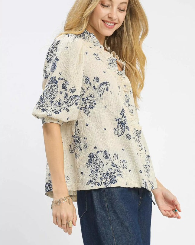 Umgee Floral Embroidered Blouse with Ruffle Trim - Sleekdenim.com