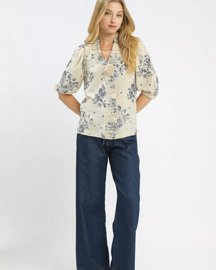 Umgee Floral Embroidered Blouse with Ruffle Trim - Sleekdenim.com