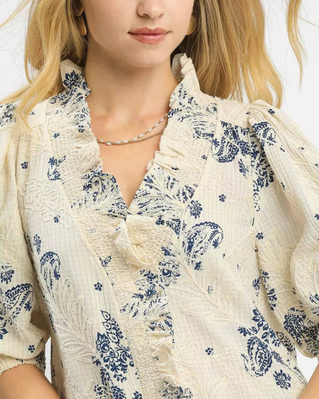 Umgee Floral Embroidered Blouse with Ruffle Trim - Sleekdenim.com