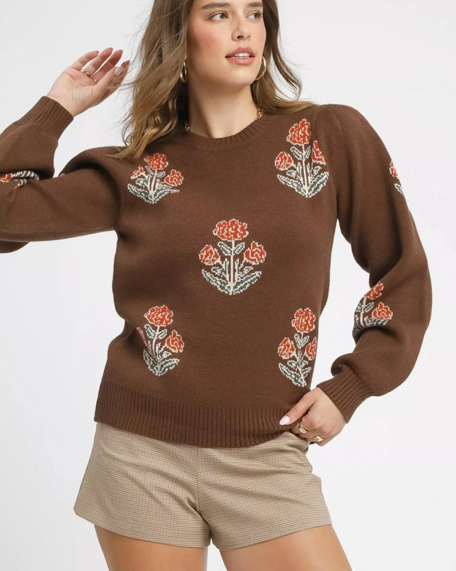 Umgee Floral Knit Sweater with Puff Sleeves - Sleekdenim.com