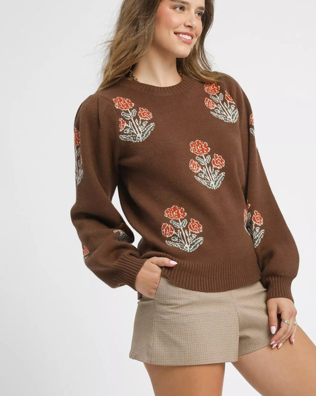 Umgee Floral Knit Sweater with Puff Sleeves - Sleekdenim.com