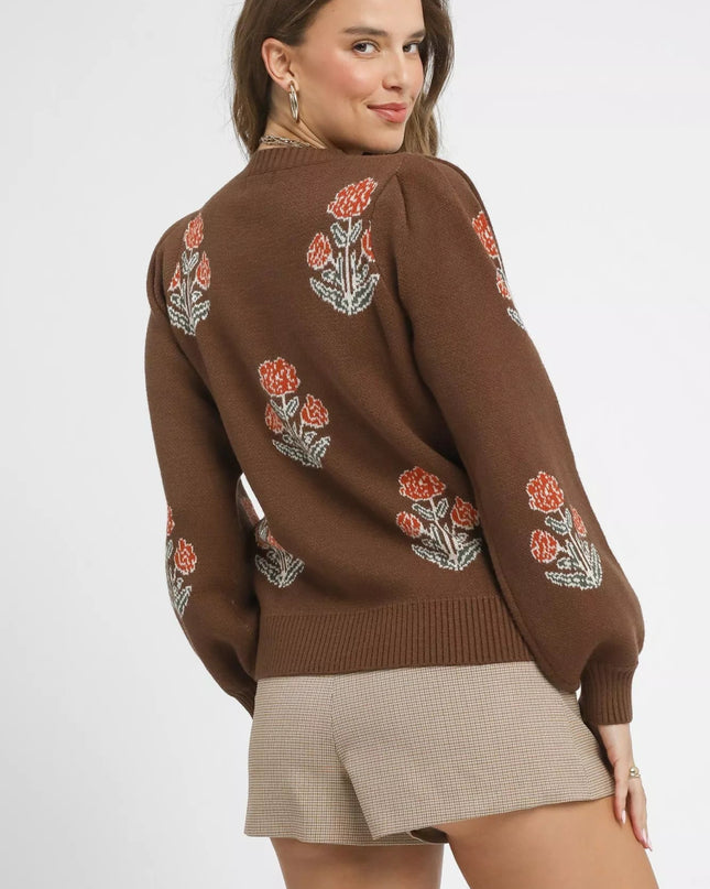 Umgee Floral Knit Sweater with Puff Sleeves - Sleekdenim.com