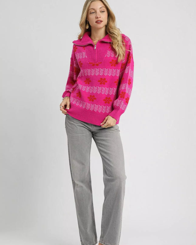 Umgee Floral Patterned Jacquard Quarter - Zip Pullover Sweater - Sleekdenim.com