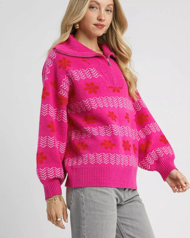 Umgee Floral Patterned Jacquard Quarter - Zip Pullover Sweater - Sleekdenim.com