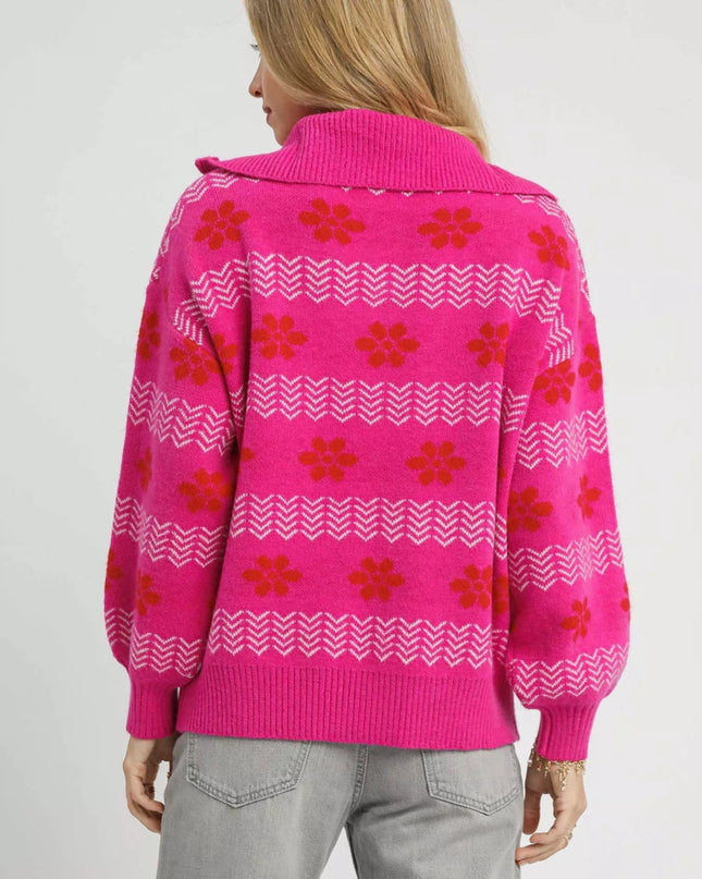 Umgee Floral Patterned Jacquard Quarter - Zip Pullover Sweater - Sleekdenim.com