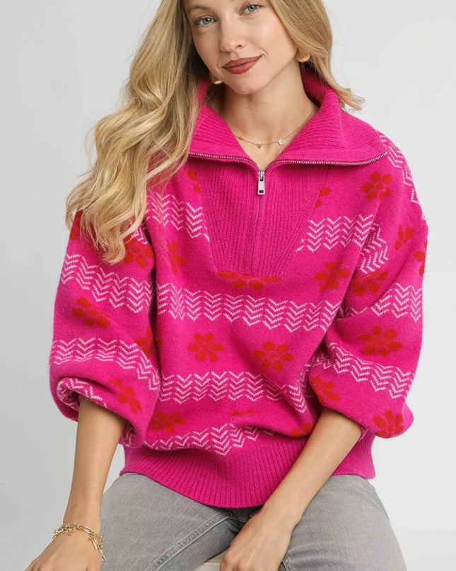 Umgee Floral Patterned Jacquard Quarter - Zip Pullover Sweater - Sleekdenim.com