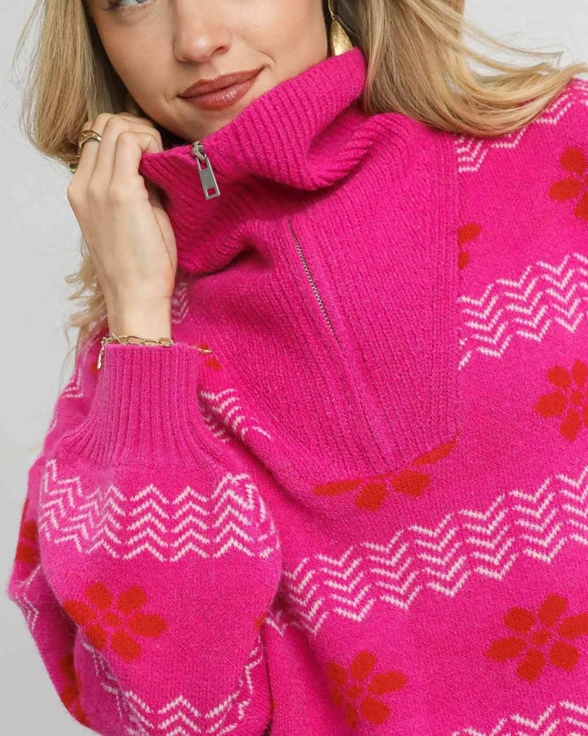 Umgee Floral Patterned Jacquard Quarter - Zip Pullover Sweater - Sleekdenim.com