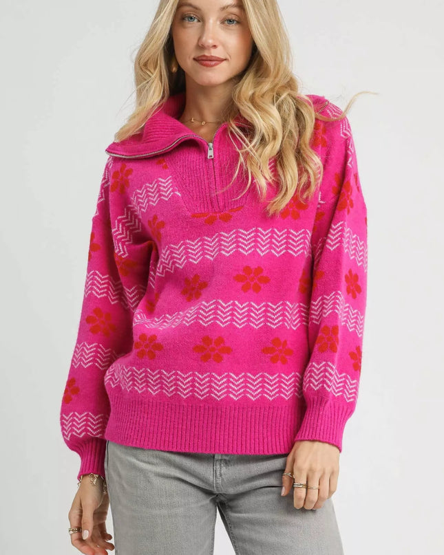 Umgee Floral Patterned Jacquard Quarter - Zip Pullover Sweater - Sleekdenim.com