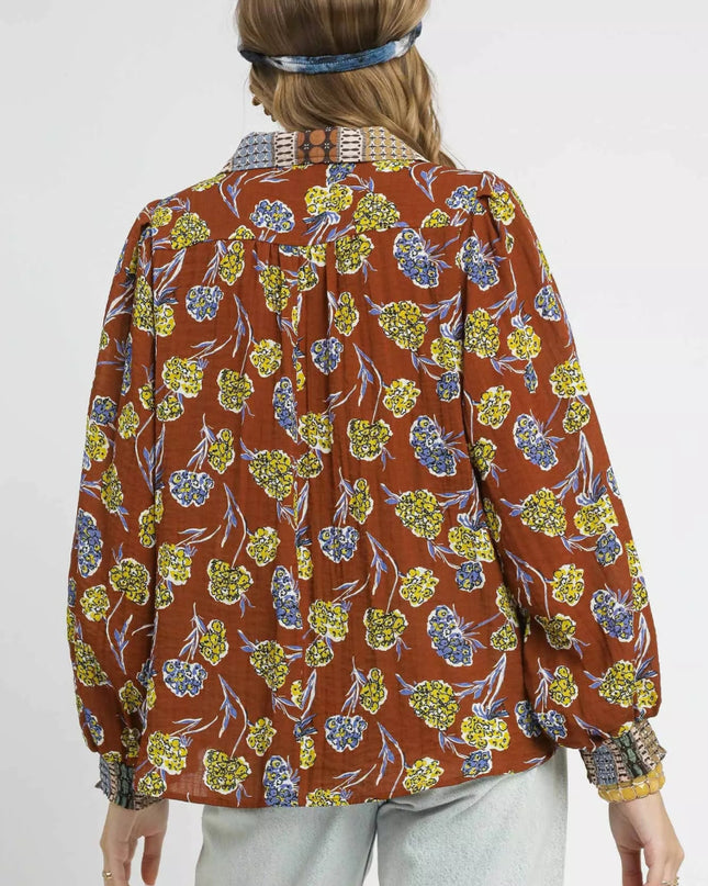 Umgee Floral Print Collar Blouse - Sleekdenim.com