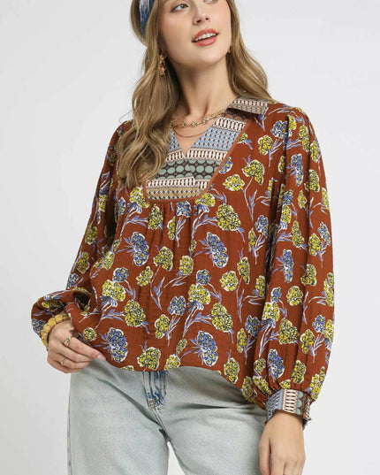 Umgee Floral Print Collar Blouse - Sleekdenim.com