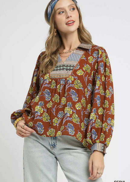 Umgee Floral Print Collar Blouse - Sleekdenim.com