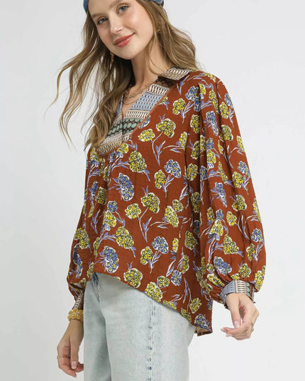 Umgee Floral Print Collar Blouse - Sleekdenim.com