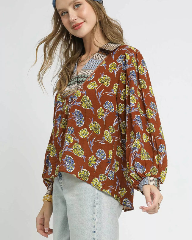 Umgee Floral Print Collar Blouse - Sleekdenim.com