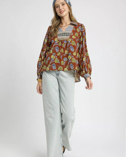 Umgee Floral Print Collar Blouse - Sleekdenim.com