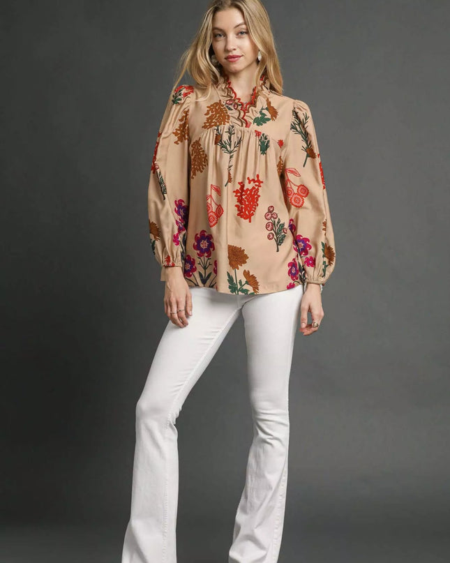 Umgee Flower Print Blouse with Scalloped Neckline - Sleekdenim.com