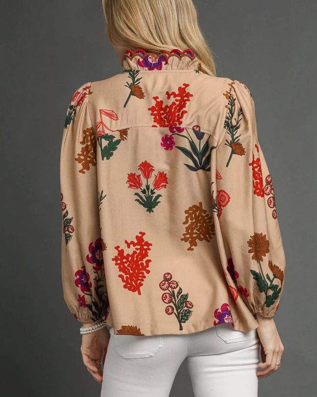 Umgee Flower Print Blouse with Scalloped Neckline - Sleekdenim.com