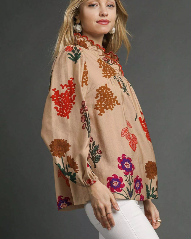 Umgee Flower Print Blouse with Scalloped Neckline - Sleekdenim.com