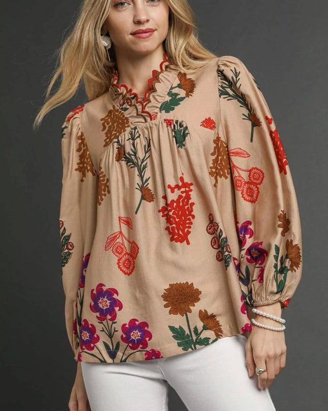 Umgee Flower Print Blouse with Scalloped Neckline - Sleekdenim.com