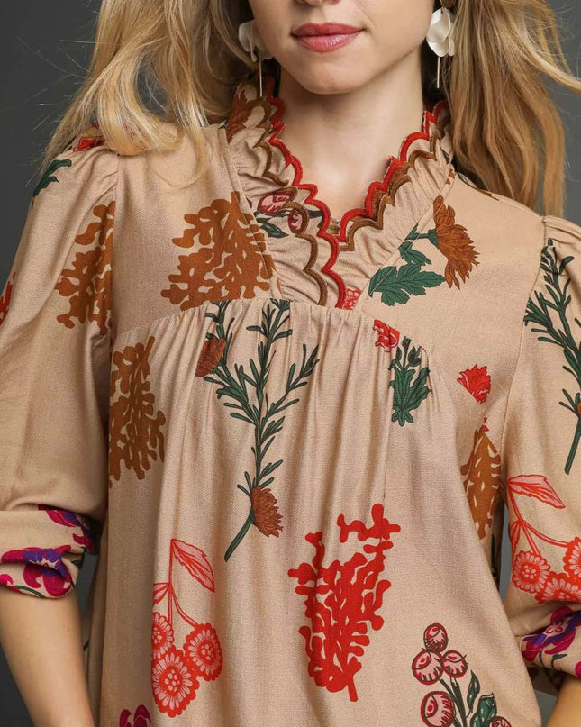 Umgee Flower Print Blouse with Scalloped Neckline - Sleekdenim.com