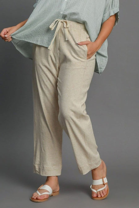 Umgee Full Size Drawstring Elastic Waistband Linen Blend Pants Plus Size - Sleekdenim.com