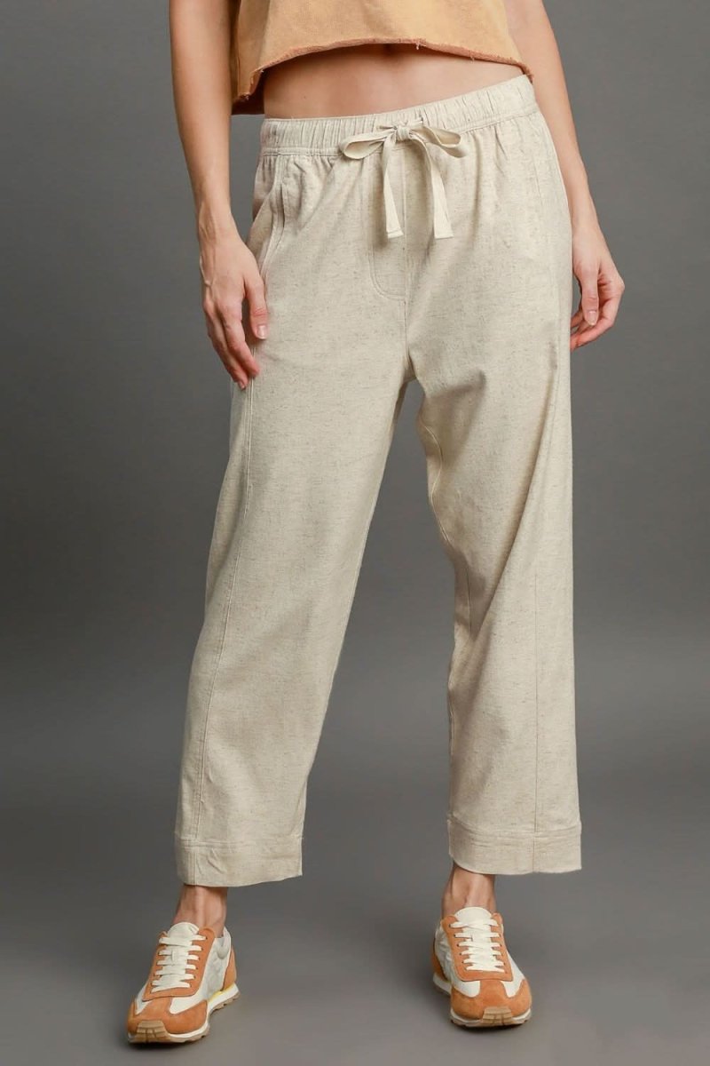 Umgee Full Size Drawstring Elastic Waistband Linen Blend Pants Plus Size - Sleekdenim.com