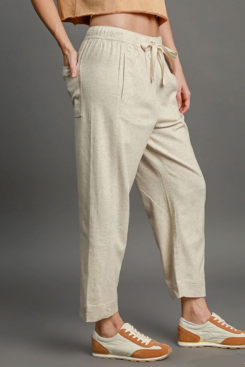 Umgee Full Size Drawstring Elastic Waistband Linen Blend Pants Plus Size - Sleekdenim.com