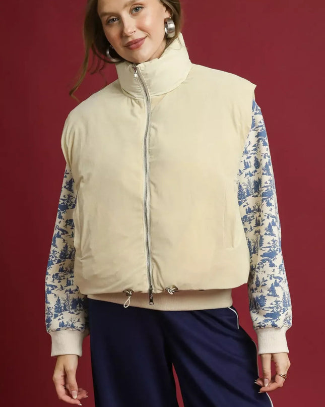 Umgee High Neck Puffer Vest with Zip Front - Sleekdenim.com