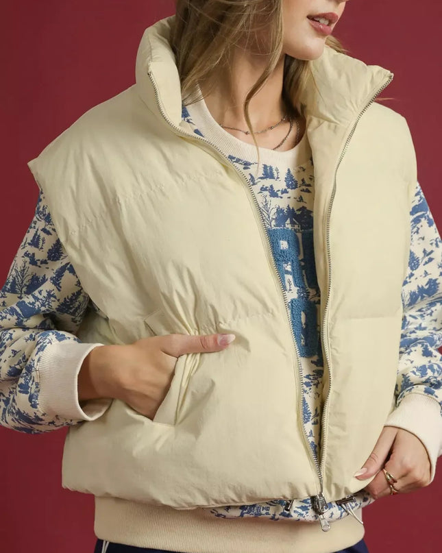 Umgee High Neck Puffer Vest with Zip Front - Sleekdenim.com