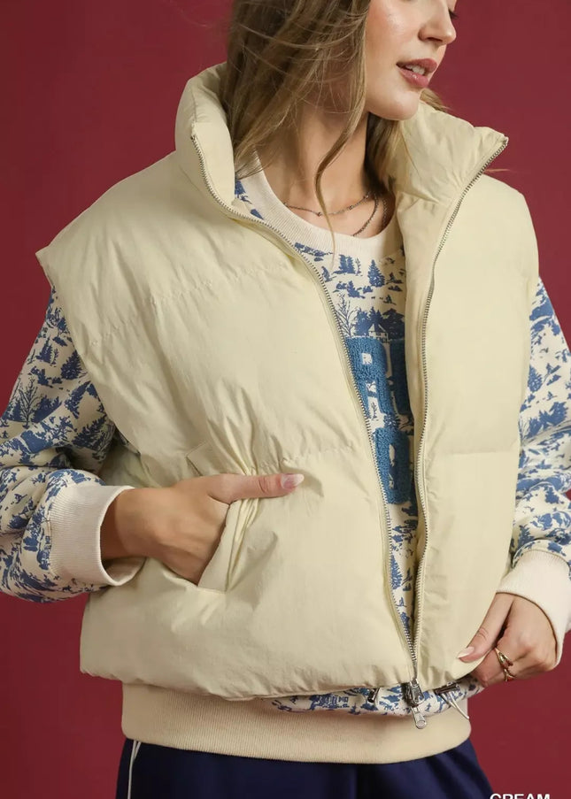 Umgee High Neck Puffer Vest with Zip Front - Sleekdenim.com