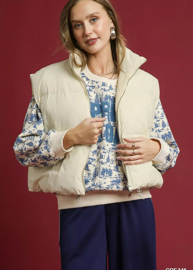 Umgee High Neck Puffer Vest with Zip Front - Sleekdenim.com