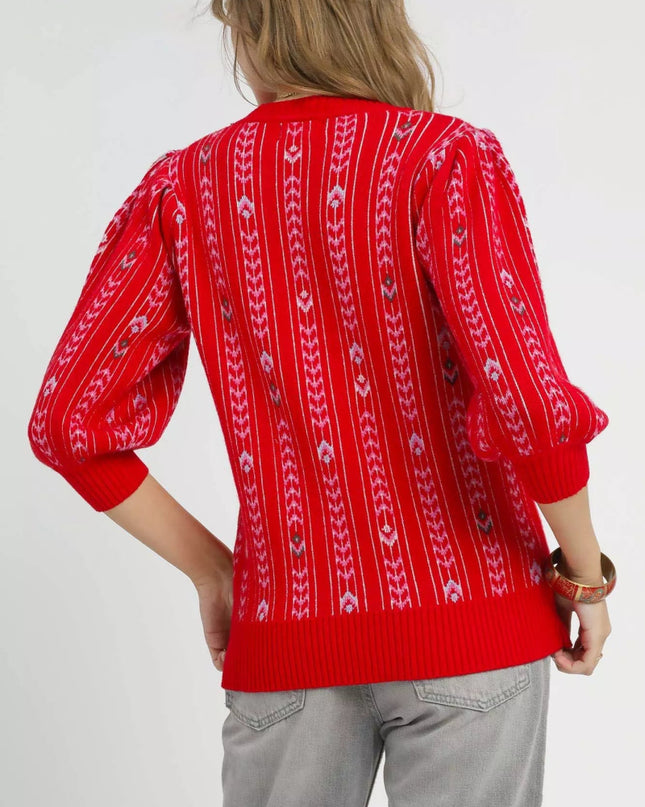 Umgee Jacquard Knit Puff Sleeve Sweater - Sleekdenim.com