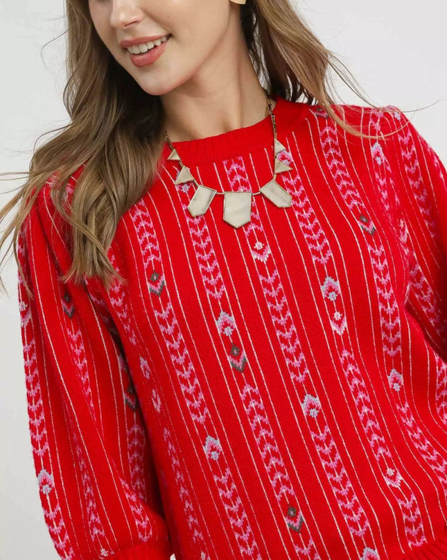 Umgee Jacquard Knit Puff Sleeve Sweater - Sleekdenim.com