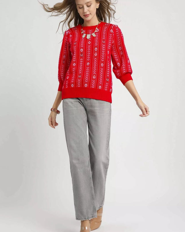 Umgee Jacquard Knit Puff Sleeve Sweater - Sleekdenim.com