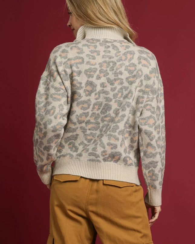 Umgee Leopard Print Quarter - Zip Knit Sweater - Sleekdenim.com