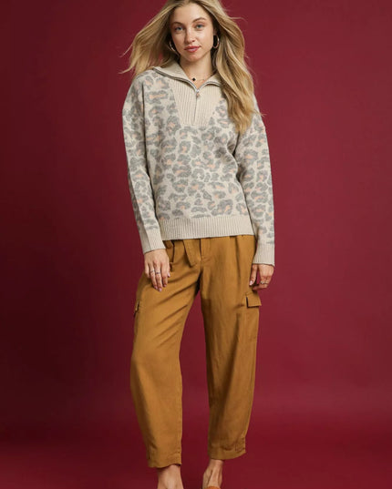 Umgee Leopard Print Quarter - Zip Knit Sweater - Sleekdenim.com