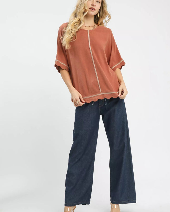 Umgee Linen Blend Scallop Trim Top - Sleekdenim.com