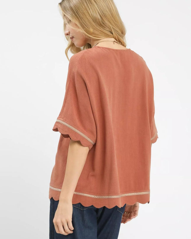 Umgee Linen Blend Scallop Trim Top - Sleekdenim.com