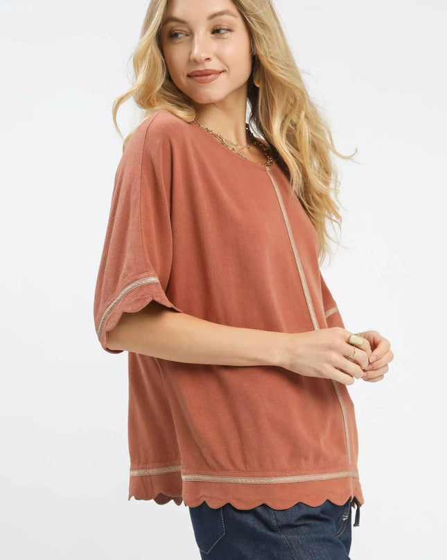 Umgee Linen Blend Scallop Trim Top - Sleekdenim.com