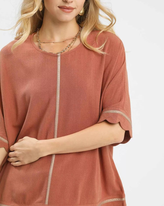 Umgee Linen Blend Scallop Trim Top - Sleekdenim.com