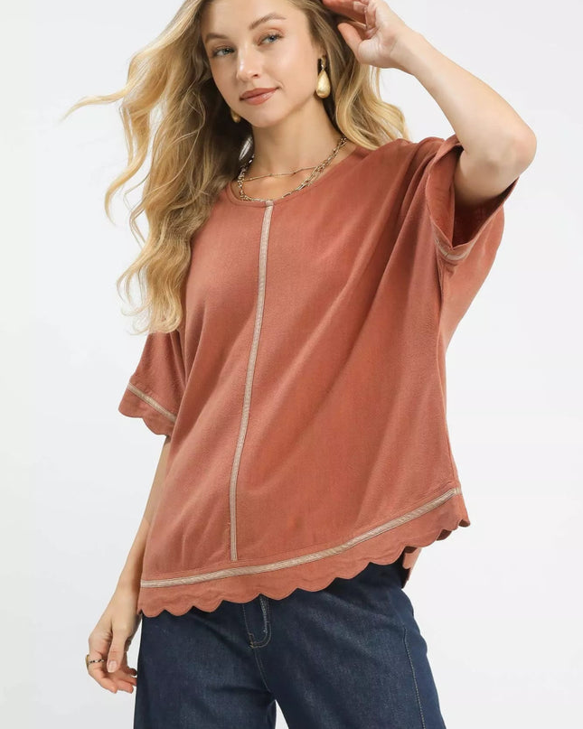 Umgee Linen Blend Scallop Trim Top - Sleekdenim.com